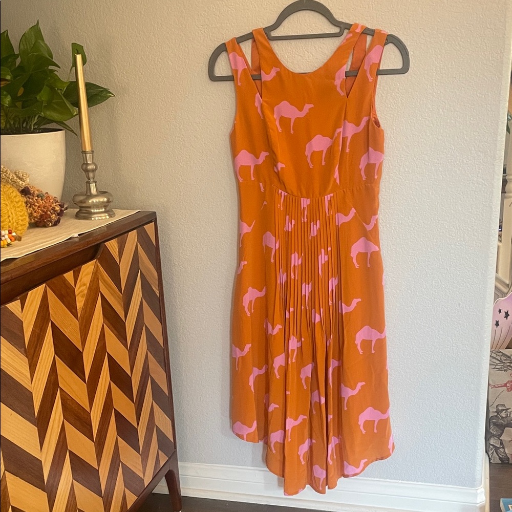 Charlotte Taylor 100% Silk Orange Dress with Pink Camel Print